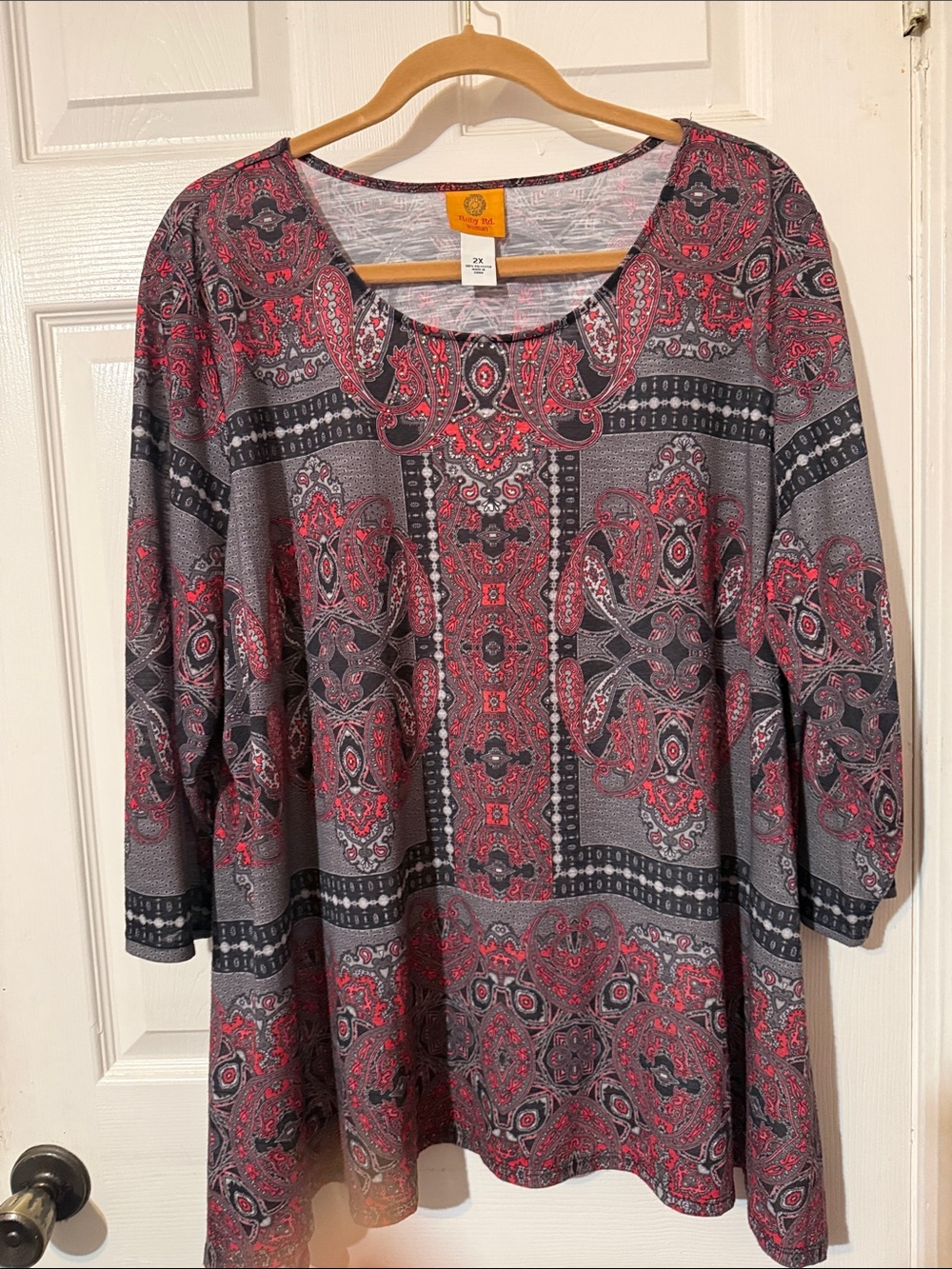 Ruby Rd. Gray and Red Paisley Scoop-Neck Tunic